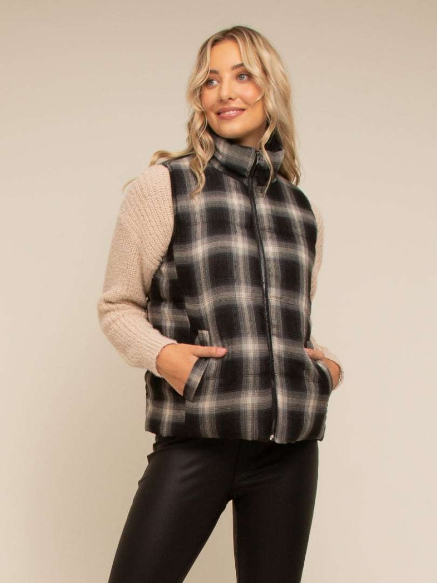 Outerwear * | Thread & Supply Edison Vest Sale Black Ivory Plaid